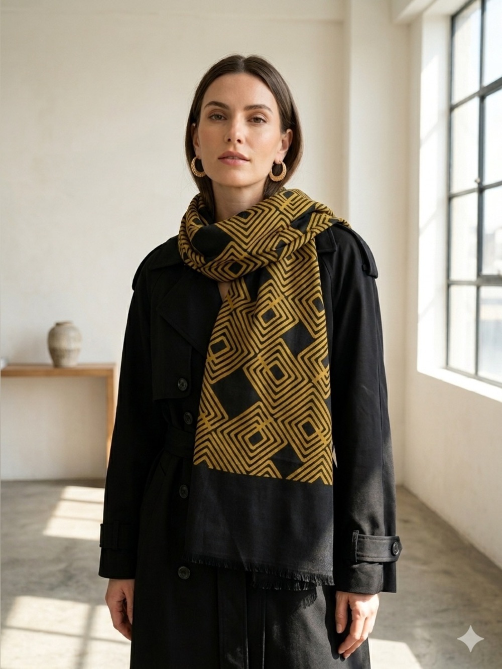 Vintage 1980s Patricia Dumont black & gold geometric print silk scarf